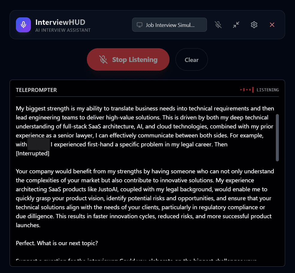 InterviewHUD Interface - Main View